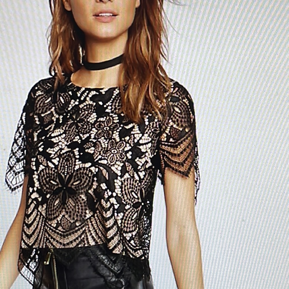 Express dramatic black lace top S-M
